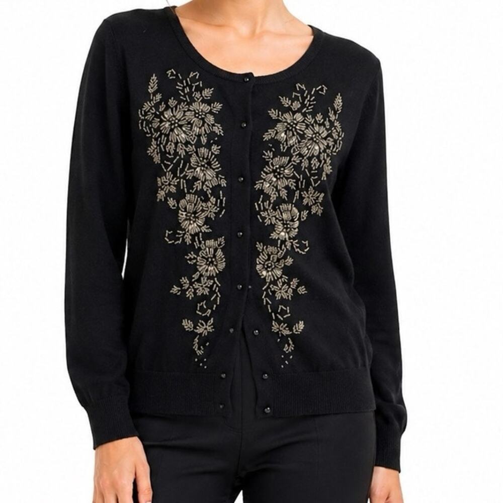 Vintage Grannycore Size L Hand Beaded Cardigan Sweater Black Button Front Knit